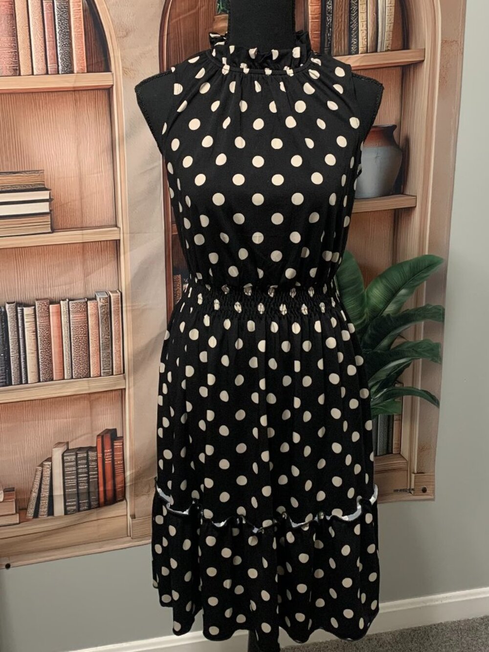 Black Sleeveless Dress with Tan Dots